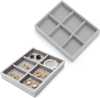 Kleine Sieraden Tray Set van 2, Fluwelen Inzet voor Lades, Sieraden Organizer met 6 Compartimenten, Grijs en Praktisch voor Organisatie
