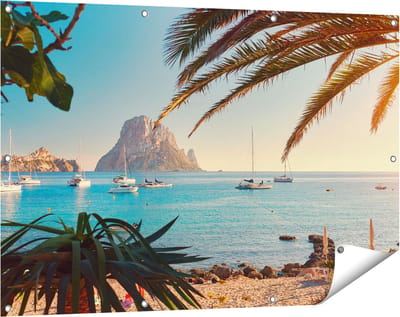 Gards Tuinposter Ibiza Cala d'Hort Strand - 120x80 cm - Tuindoek - Tuindecoratie - Wanddecoratie buiten - Tuinschilderij