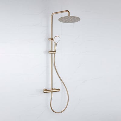 Adema Sparkle 2.0 regendoucheset – thermostatisch – Ø20 cm hoofddouche – 3-standen handdouche – glijstang 110 cm – goud mat