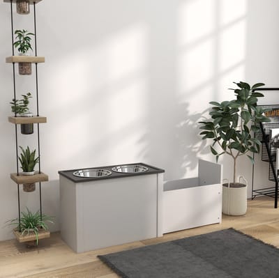 HAUSS SPOLE Voerbak – Verhoogde Voerbak Met Opbergruimte – 60 x 30 x 42 cm – MDF En Staal – Wit – Voor Grote Honden