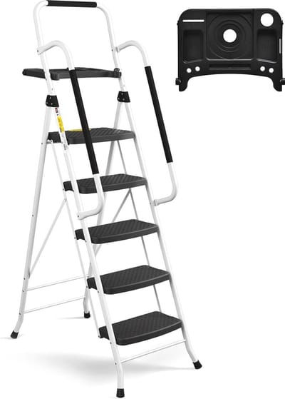 Inklapbare Trapladder met 5 Treden en Leuningen - Stabiele Stalen Opstapkruk met Antislip Pedaal