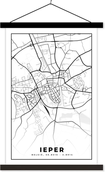 Posterhanger incl. Poster 40x60 cm - Schoolplaat - Stadskaart – Plattegrond – België – Zwart Wit – Ieper – Kaart - Textielposter - Zwarte latten - Stadskaart