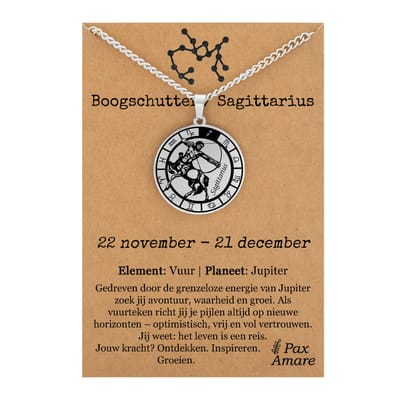 Boogschutter / Sagittarius Sterrenbeeld Ketting op Cadeau Kaartje - Zilverkleurig - RVS - Spiritueel Cadeau - 60cm - Pax Amare