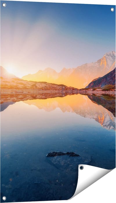 Gards Tuinposter Bergen Landschap met Zonsopgang - 60x90 cm - Tuindoek - Tuindecoratie - Wanddecoratie buiten - Tuinschilderij