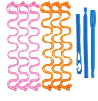 Krultangenset, 12-delige doe-het-zelf magische krultang, creëert golvende en spiraalvormige krullen zonder hitte, geschikt voor vrouwen, kort en middellang haar, roze-oranje kleur, 45 cm.