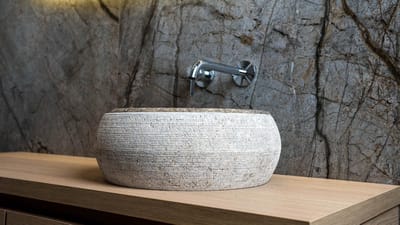 Rocky-T Waskom - Natuursteen - Rond - Badkamer Wastafel - Marmer Wasbak - Marmer Waskom - Bali Waskom - Hoogwaardige Kwaliteit - Handgemaakt - Duurzaam - Kleur: Grijs/Taupe