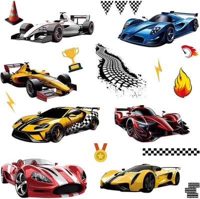 Decoratieve muurstickers voor de kinderkamer met racewagen thema, vinyl, speelruimte en slaapkamer decoratie