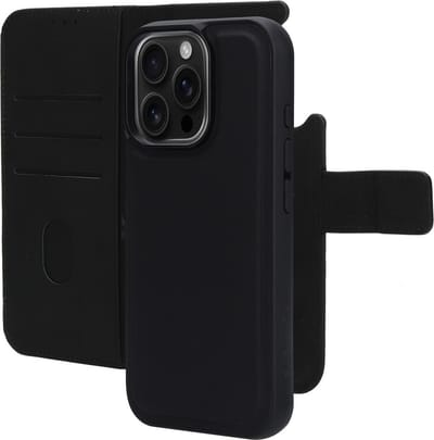 Mobiparts hoesje geschikt voor Apple iPhone 16 Pro - Wallet 2-in-1 Boekhoesje - MagSafe - Echt Leder - Uitneembare Case - Sterke Magneet Sluiting - Contactloos betalen - Zwart