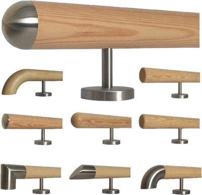 Houten Trapleuning - Handgreep Hout - Veilig Lopen - Halfronde RVS Dop - 30 cm - Niet Van Toepassing