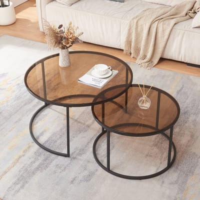 Salontafel set van 2 Kokkola rookglas bruin en zwart [en.casa]