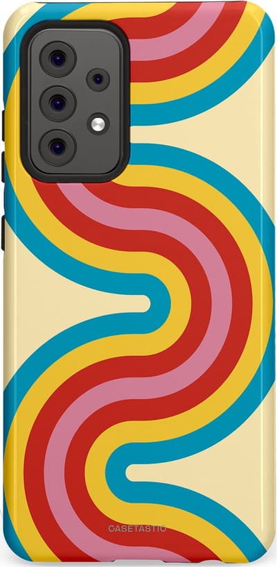Casetastic hoesje geschikt voor Samsung Galaxy A52 (2021) 5G / Samsung Galaxy A52 (2021) 4G - Dubbellaagse bescherming - Retro kronkels - Fashion Case - Crème Lichtblauw Goud Rood