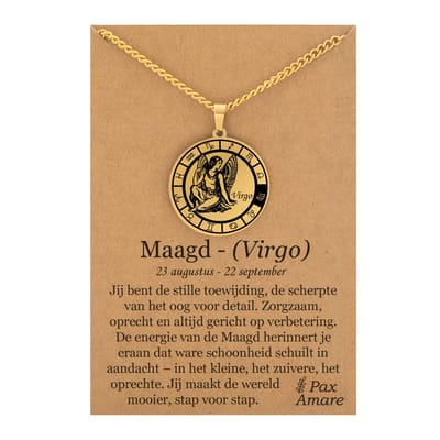 Sterrenbeeld Maagd (Virgo) Ketting op Cadeau Kaartje - Goudkleurig - Roestvrij Staal Zodiac Talisman - Stainless Steel - 60cm - Pax Amare
