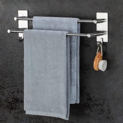 Handdoekhouder zonder boren voor badkamer - RVS handdoekrek met zelfklevende bevestiging, dubbele haken voor wandmontage in badkamer en keuken