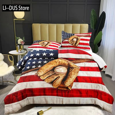 Amerikaanse Vlag Beddengoed Set Honkbal Sport Dekbed Set 3 Delen voor Kinderen Tieners Volwassenen Kamer Decor Dekbedovertrek met 2 Kussenslopen 150*200cm 3pcs