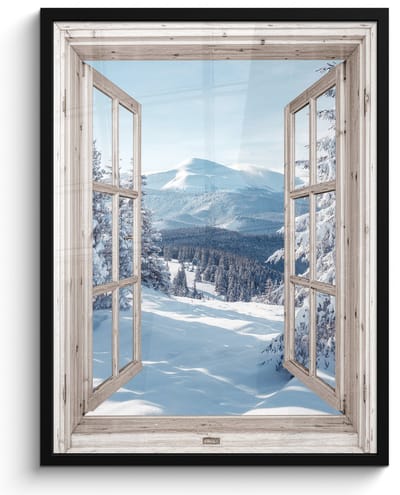 Poster in lijst - Fotolijst 50x70 cm - Posters - Doorkijk - Winter - Landschap - Natuur - Berg - Bomen - Wit - Posterlijst zwart - Decoratie - Wanddecoratie woonkamer - Muurdecoratie slaapkamer