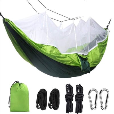 Kampeerhangmat - Nylon hangmat - Buiten ontspannen - Met muskietennet - 260 x 140 cm - Donkergroen