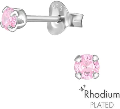 Joy|S - Zilveren oorknopjes 3 mm - roze - zirkonia - rhodium plated - oorbellen