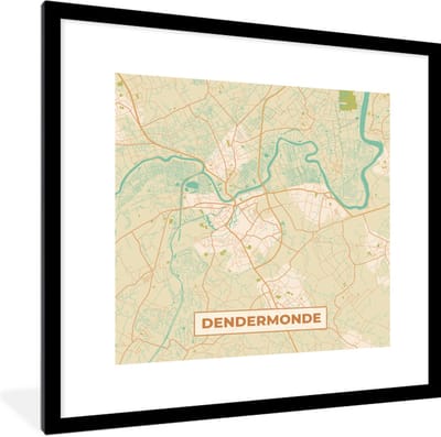Fotolijst incl. Poster - Dendermonde - Plattegrond - Kaart - Vintage - Stadskaart - 40x40 cm - Posterlijst