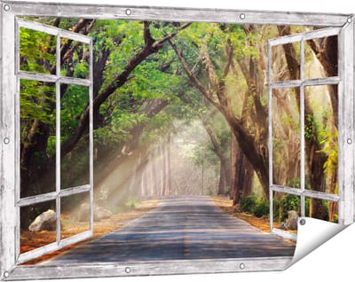 Gards Tuinposter Doorkijk Weg Omringd met Bomen - 120x80 cm - Tuindoek - Tuindecoratie - Wanddecoratie buiten - Tuinschilderij