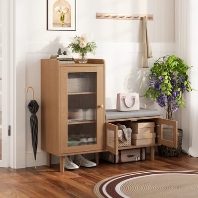 Moderne schoenenkast voor de hal met bankje, vrijstaande schoenenkast met matglazen deuren met ribbels, 3 verstelbare planken, metalen handgrepen en poten, 100 x 35 x 90 cm