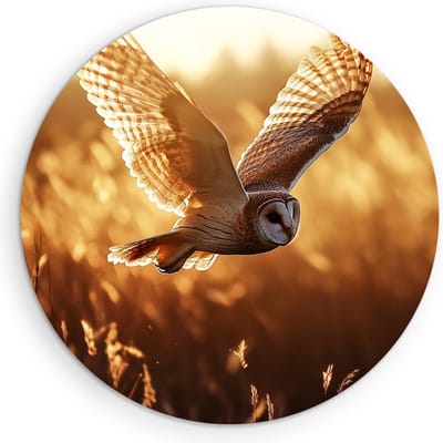 Saammp Muurcirkel Hout - Vliegende Uil - Zonsondergang - Dieren - Ø 90 - Wandcirkel - Wanddecoratie Cirkel - muurdecoratie Woonkamer - Slaapkamer decoratie - Rond Schilderij