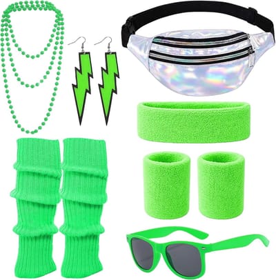 Retro 80s damesoutfit met kostuumaccessoires zoals haarband, beenwarmers, oorbellen, heuptas en zonnebril voor carnaval en themafeesten