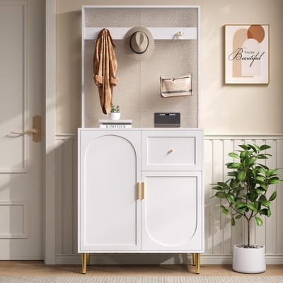 STILVORA Garderobekast – Compacte Hal Kast Met Gedempte Scharnieren En Verstelbare Planken – Met Haken En Lade – MDF – 80x175,5x35 cm – Wit+Goud
