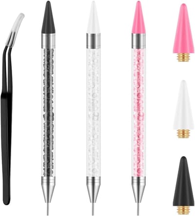 Set van 3 Dual-Ended Rhinestone Picker Tools met Extra Wax Tips en Pincet voor het Aanbrengen van Edelstenen, Kristallen en Studs