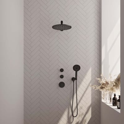 Brauer Black Edition thermostatische inbouw regendouche SET 08 met 30 cm douchekop en rechte muurarm en 3-standen handdouche en doucheslang en wandaansluitbocht mat zwart