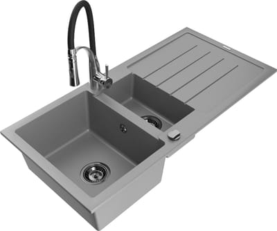 Mexen Andres granieten spoelbak 1,5-komor met afdruiprek en keukenkraan Aster, grijs - 6515-71-73450-07-B