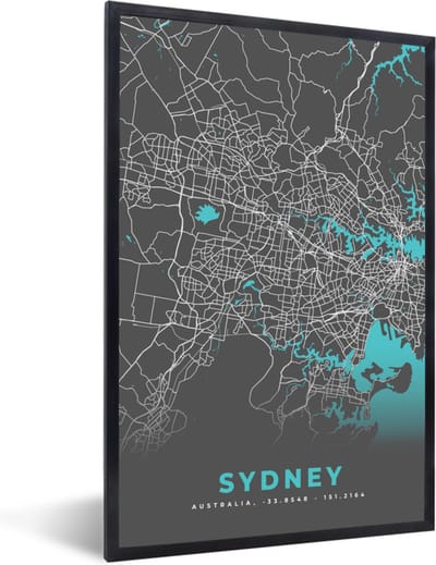 Fotolijst incl. Poster - Sydney - Stadskaart - Plattegrond - Blauw - Kaart - 40x60 cm - Posterlijst
