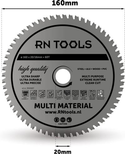 RNtools Cirkelzaagblad 160 x 20 mm - 60 tanden - voor Hout, Hardhout, Laminaat, MDF, Multiplex