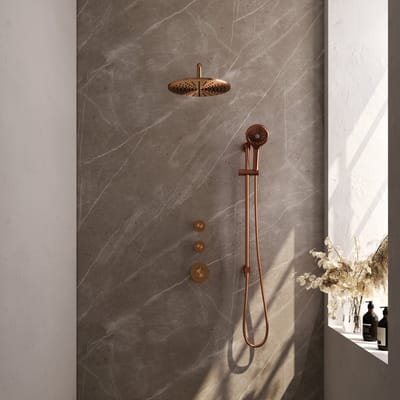 Brauer Copper Carving thermostatische inbouw regendouche SET 22 met 30 cm douchekop en gebogen muurarm en 3-standen handdouche en doucheslang en geïntegreerde glijstang koper geborsteld PVD