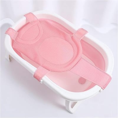 Veilig Baby Badnet met Antislip, Verstelbare Veiligheidsgordel en Sneldrogend Materiaal voor Pasgeborenen (Roze)