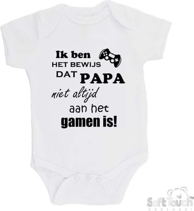 100% katoenen Romper "Ik ben het bewijs dat PAPA niet altijd aan het gamen is!" Unisex Katoen Wit/zwart Maat 56/62
