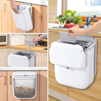 PGonline Hangende keukenafvalemmer met deksel, afvalemmer keuken, opvouwbaar, 10 liter, afvalemmer, compostemmer, keuken, compostbak, wandmontage voor keuken, camping, camper, ophangen zonder boren