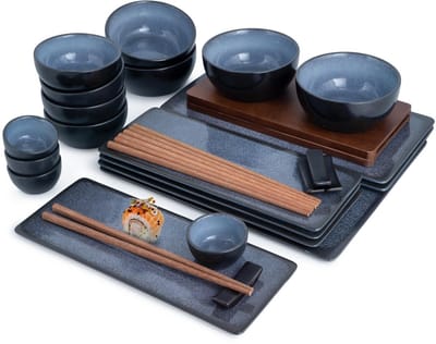 Moritz & Moritz VIDA Serviesset 4 Persoons - 29-delig Sushi Servies Set met Dinerbord, Kom, Eetstokje en Schaaltje - Porselein - Blauw