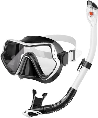 Snorkelset met gehard glas en anti-condens duikbril, 3-kanaals Premium Dry snorkel, waterdicht en anti-lek voor volwassenen