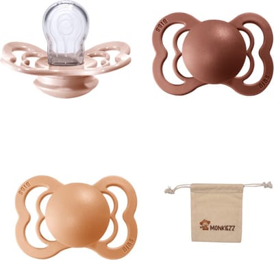 BIBS Supreme Fopspenen - Maat 1 0-6 maanden - Silicone – Blush - Peach - Woodchuck + Monkiezz speenzakje