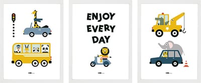Poster set Dieren onderweg wit 3x maat A4 - auto - leeuw - bus - takelwagen- krokodil - sportwagen - giraf - dieren - kinderkamer - jongenskamer - muurdecoratie - kinderkamerstyling – kinderkameraccessoire