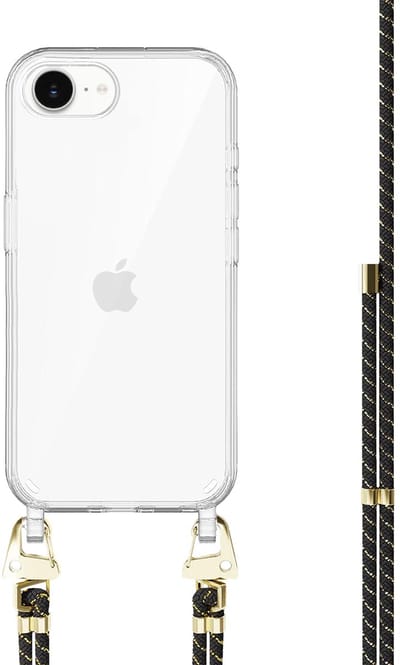 xoxo Wildhearts siliconen hoesje - Geschikt voor iPhone 16e - Gold Goddess - Telefoonhoesje - Hoesje met koord - telefoonkoord - Transparant hoesje - In lengte verstelbaar - Zwart - Goud - Zwart koord met gouden strepen