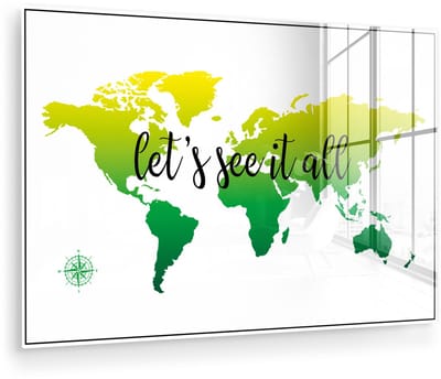 ® Glasschilderij 150x100 cm - Schilderij acrylglas - Wereldkaart - Groen - Kompas - Foto op glas - Muurdecoratie woonkamer - Wanddecoratie slaapkamer - Schilderijen