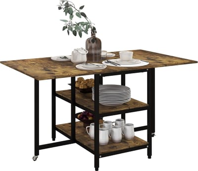 Opvouwbare Eettafel met Wielen - Uitschuifbare Tafel voor 2-6 Personen met Opbergruimte