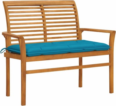 Houten Tuinbank - Buitenbank Bankje - Ontspannen in de tuin - Duurzaam teakhout - 112 cm breed - Lichtblauw kussen