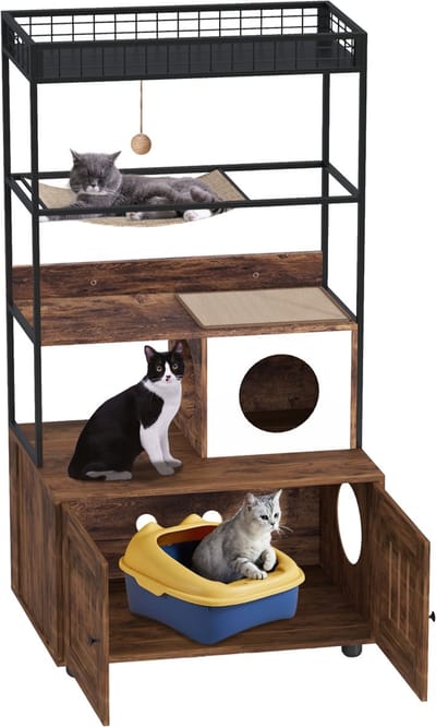 Veelzijdig houten kattenbakmeubel met opbergvakken – verborgen kattenkast met krasbestendige krabpaal en voerstation, groot binnengebruik katten-toilet voor woonkamer en hal, vintage bruin