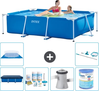 Intex Rechthoekig Frame Zwembad - 220 x 150 x 60 cm - Blauw - Inclusief Afdekzeil - Onderhoudspakket - Zwembadfilterpomp - Filter - Grondzeil - Schoonmaakset - 7-delig