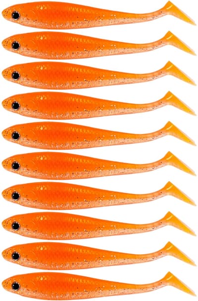 S&D | Shad Set 10 Stuks – 6.5cm / 2g – Oranje – Realistisch Kunstaas met Glitters & Schubbenpatroon – Voor Snoek, Baars & Roofvis