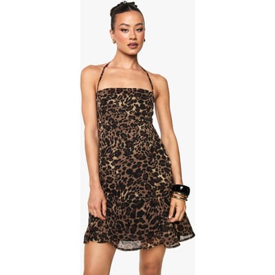 boohoo Dames Lange mini-jurk met leopardenprint in chiffon, bandjes, vierkante hals en geraffeld bovenstuk | Bruin | Maat: 44