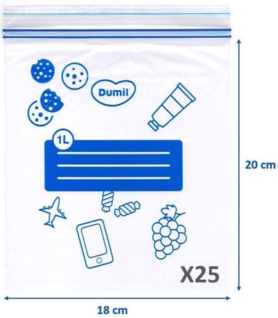 Dumil hersluitbare Grip zakjes - dubbele druksluiting diepvrieszakken - 25 x 1 liter - Gripzakjes / Sealzakjes / Zip-Lock zakjes 18x20 cm