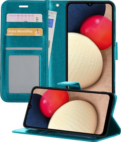 Hoesje - Met Pasjeshouder - Geschikt voor Samsung Galaxy A02s - Luxe Bookcase Portemonee - Flip Case - Kunstleer Book Case - Flipcase - Book Cover - Walletcase - Portemonneehoes - Telefoonhoesjes - Turquoise